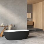 Modern,Bathroom,With,Freestanding,Black,Bathtub,,Wooden,Side,Table,With